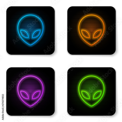 Glowing neon Alien icon isolated on white background. Extraterrestrial alien face or head symbol. Black square button. Vector Illustration