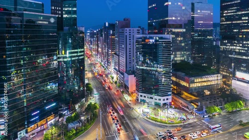 Traffic at Night in Gangnam Square  Seoul City,South Korea.Timelapse 4k photo
