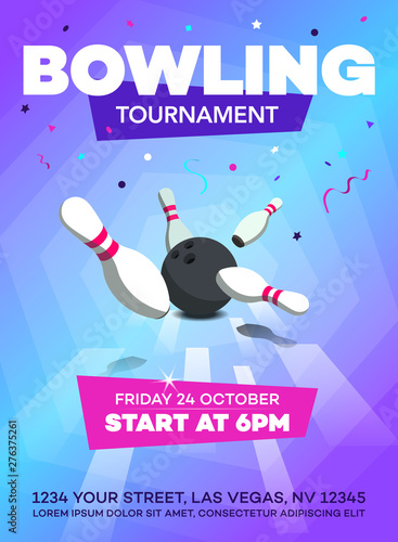 Modern bowling tournament poster invitation template with scattered skittles and bowling ball.