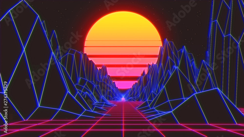 retro radial sun rising abstract with a background  neon   3d prescriptive bridge or  grid render - Illustration photo