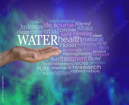 Life Giving Water Word Tag Cloud - male open palm hand with the word WATER floating above surrounded by a relevant word cloud against a glue green modern abstract background 