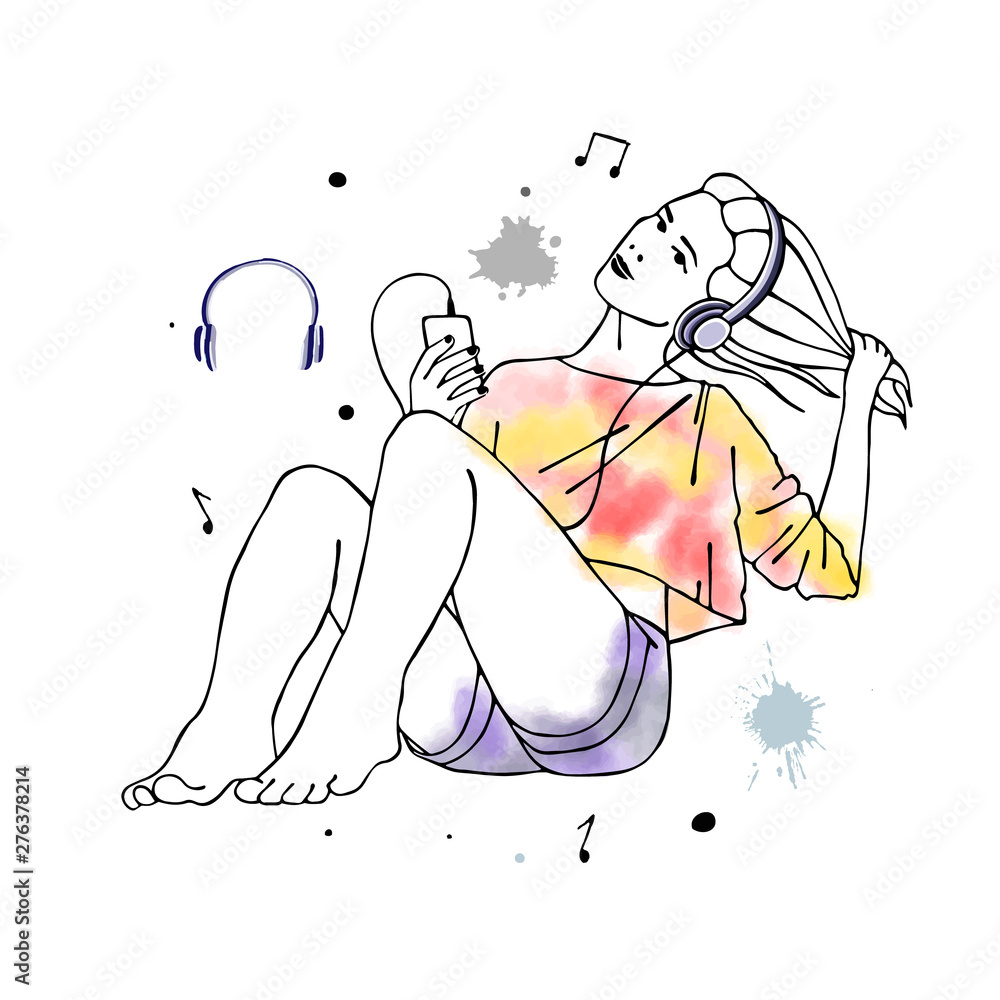Girl With Headphones Drawing