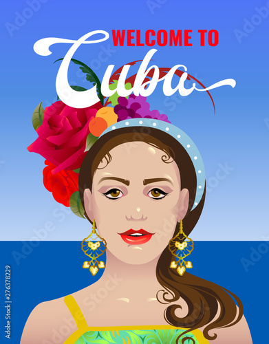 Classic cubano dance poster design. Cuban young girl with flower in hair in cartoon style.