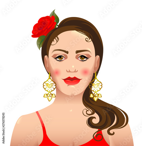 Classic cubano dance poster design. Cuban young girl with flower in hair in cartoon style.