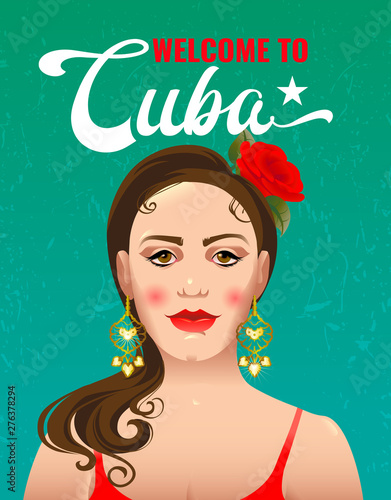 Classic cubano dance poster design. Cuban young girl with flower in hair in cartoon style.