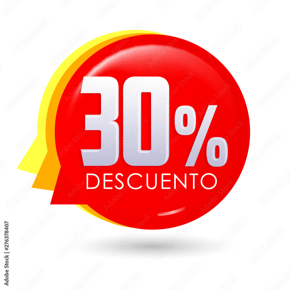 30% Descuento, 30% discount spanish text, bubble sale tag vector illustration, Offer price label. 30% Descuento, 30% discount spanish text, bubble sale tag vector illustration, Offer price label.