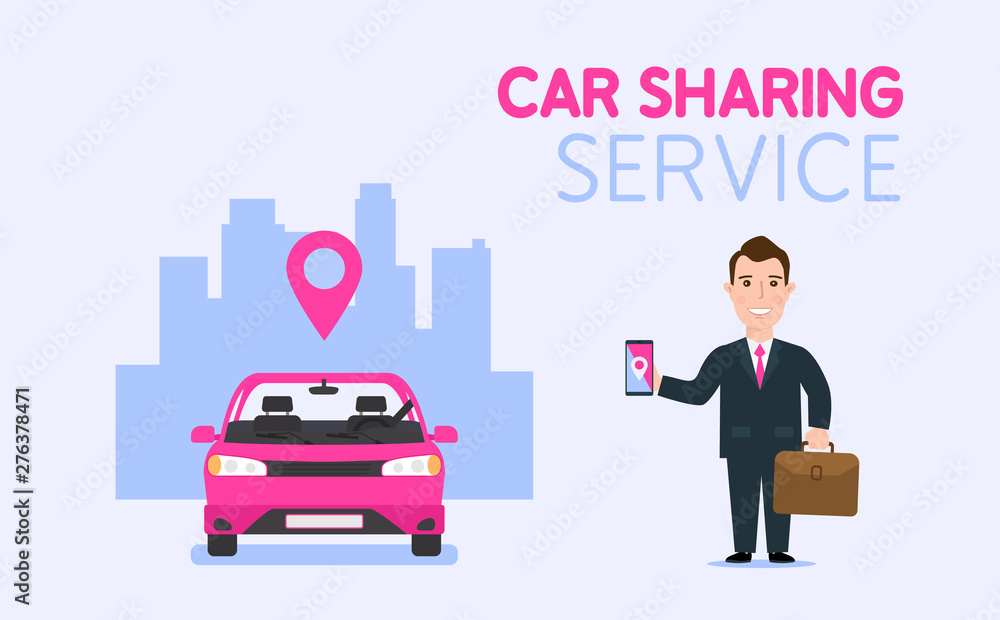 businessman using smartphone car sharing service banner design