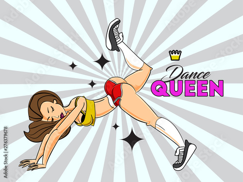 Twerk dance queen party poster design. With girl character and decorate text.