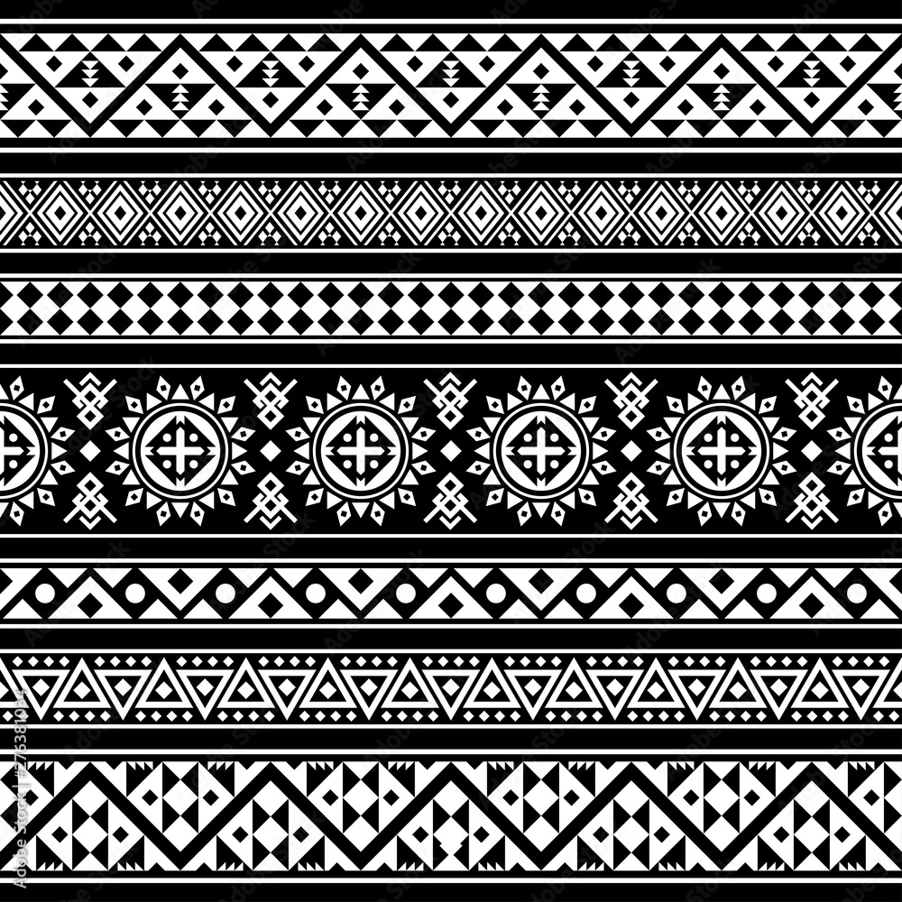 Ikat Aztec ethnic design in black background. Seamless pattern ethnic tile vector illustration. Ikat Aztec ethnic design in black background. Seamless pattern ethnic tile vector illustration.