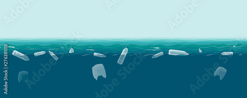 Plastic bottles and bags in the sea. Pollution of the World ocean by plastic waste. Vector illustration