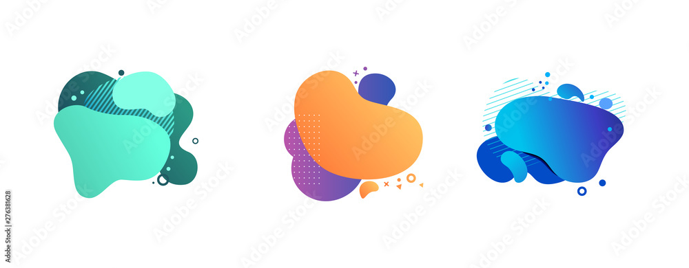 Abstract fluid form set. Orange, violet, cyan, blue hatched shapes. Flowing liquid, dynamical forms, overlays, hatched texture. Vector illustration for banner, poster, logo, cover design