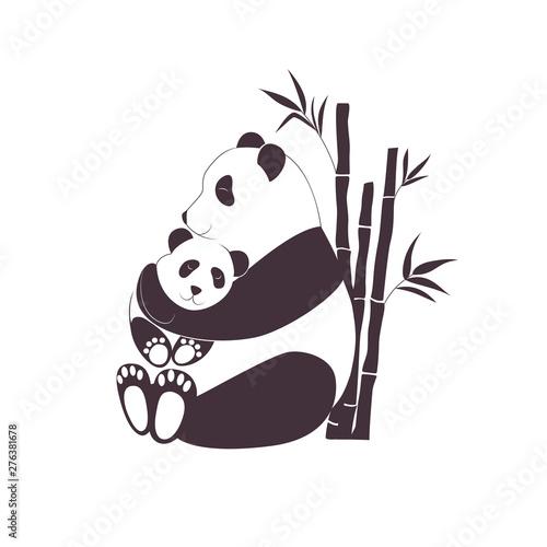 Panda mother hugging baby panda, love between mom and her child, caring and nursery concept