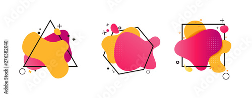 Abstract red and yellow splashes set. Fluid shapes, triangle, square, hexagon. Regular geometric forms, flowing liquid, wavy lines. Vector illustration for logo, banner, brand design