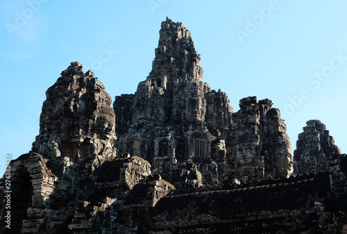 Monumental ancient temple of Bayon in Cambodia. Medieval temple in Indochina. Architectural art of ancient civilizations. Bayon temple in Angkor Thom. Face towers.