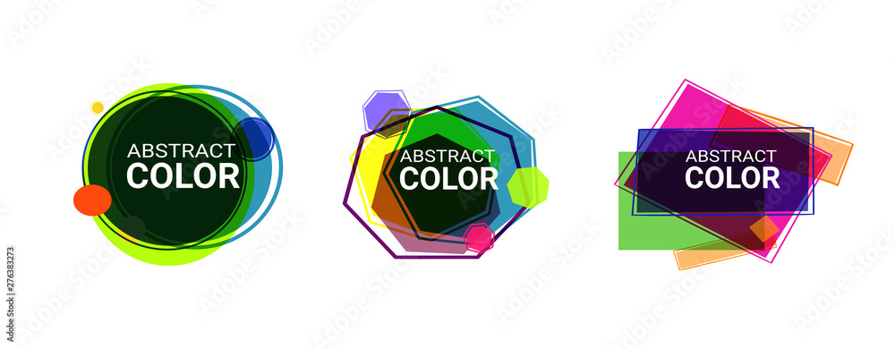 Set of abstract modern bright graphic elements. Dynamical colored forms and line. Abstract banners with circle, hexagon, square shapes. Template for logo, flyer, presentation design. Vector