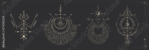 Vector illustration set of moon phases. Different stages of moonlight activity in vintage engraving style. Zodiac Signs