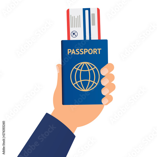 Passport in hand. Man holds in his hand the document. Passport for travel and tourism. Personal identification. Vector illustration, flat design style