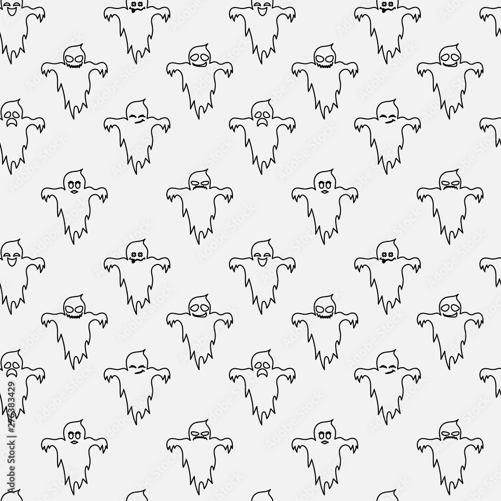 Good and evil ghosts. Seamless pattern. Halloween. Black outline, white background. For printing on bedding, clothes, wrapping paper.