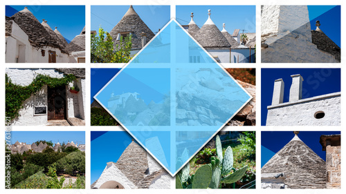 Collage photos of Alberobello - Italy, in 16: 9 format. The picturesque village of trulli. Stone houses built in the typical circular shape with cone roofs.