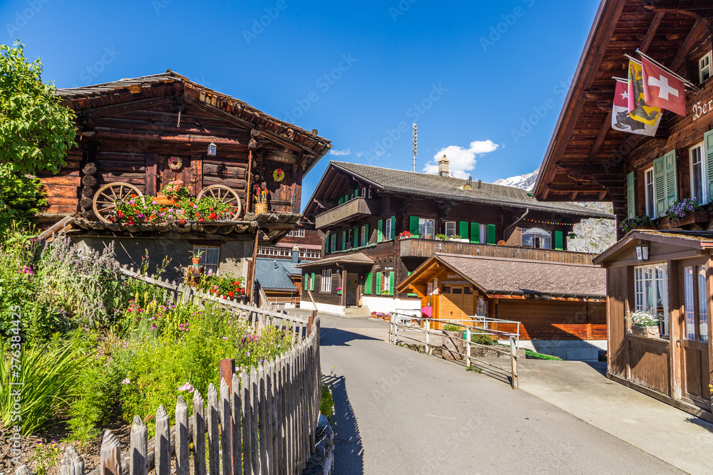 Traditional wodden house in Murren, a traditional Walser mountain village in the Bernese Highlands of Switzerland.