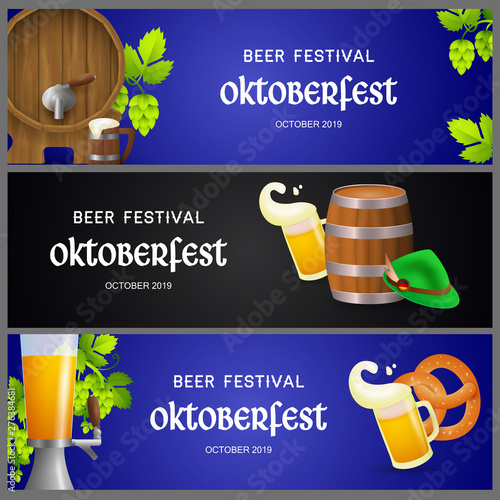 Set of Oktoberfest banners with beer production elements. Creative design with hops and kegs on black and dark blue background. Lettering can be used for invitations, signs, announcements