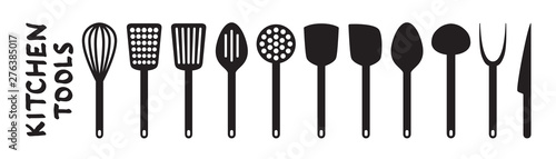 Black plastic Kitchenware isolated on white background. Vector kitchen utensils design elements for web, culinary infographic, brochure, restaurant presentation. Flat illustration of cooking tools. Bl