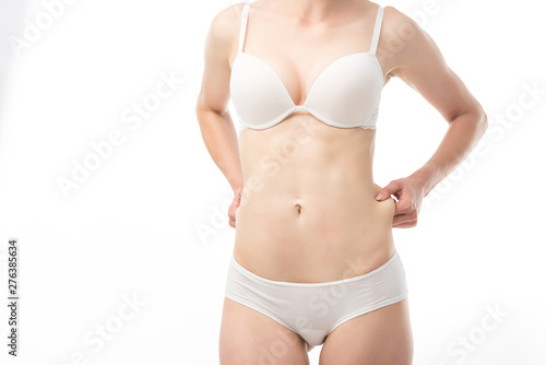 partial view of woman in underwear with excess weight isolated on white