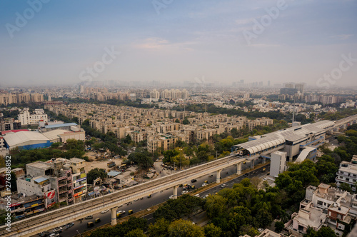 Aerial cityscape shot of Noida, delhi, grugaon at dusk night