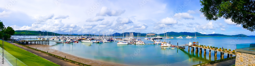 Panorama view of Luxury yacht marina, Harbor Yacht in the sea or ocean in daytime that consist of many of yachts