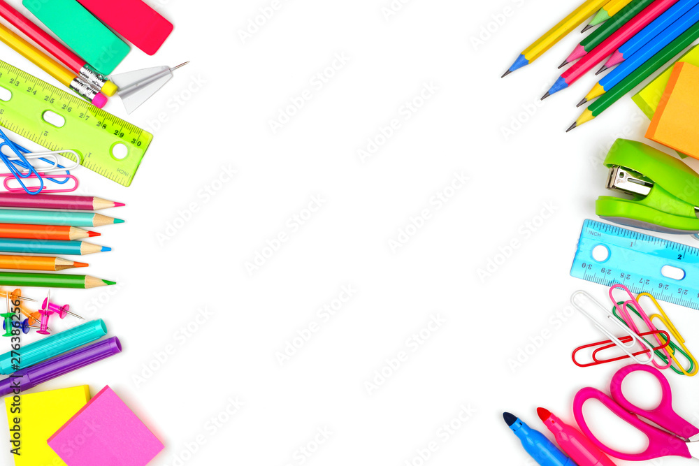 School supplies double side border. Top view isolated on a white background  with copy space. Back to school concept. Stock Photo | Adobe Stock
