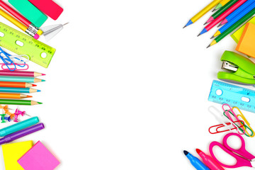 School supplies double side border. Top view isolated on a white background with copy space. Back to school concept.