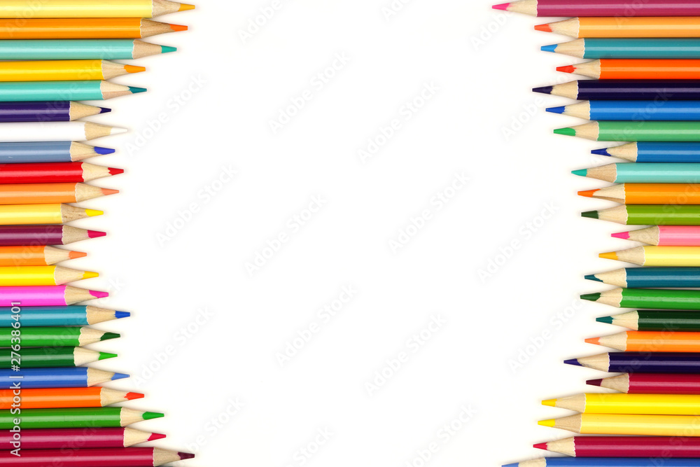 Colored pencil double side border. Top view isolated on a white