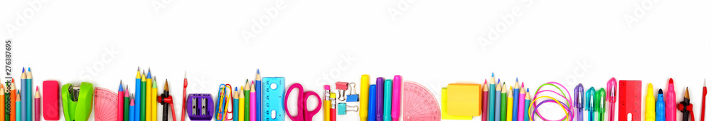 School supplies long bottom border. Top view isolated on a white background. Back to school concept. - obrazy, fototapety, plakaty 