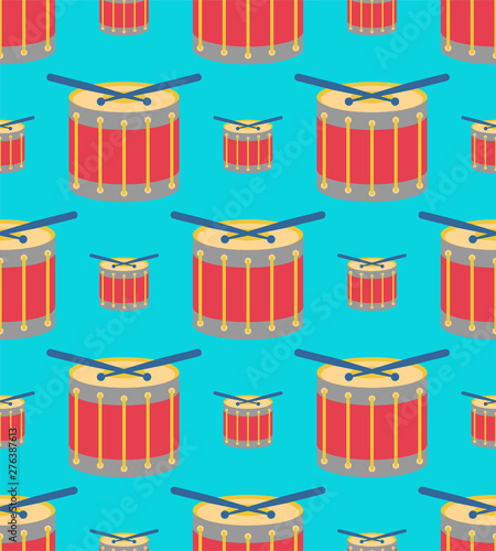 Вrum cartoon pattern seamless. Percussion musical instrument background. Children cloth texture