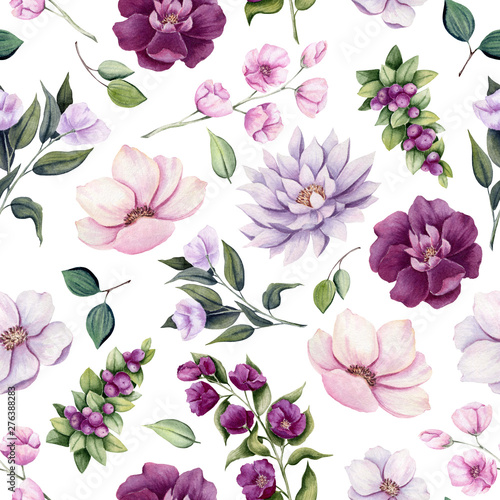 Seamless Pattern of Watercolor Berries and Flowers