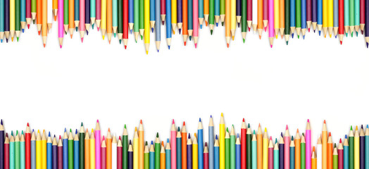 Colored pencil double border banner. Top view isolated on a white background with copy space.