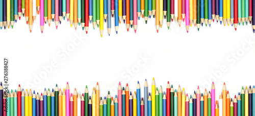 Colored pencil double border banner. Top view isolated on a white background with copy space.