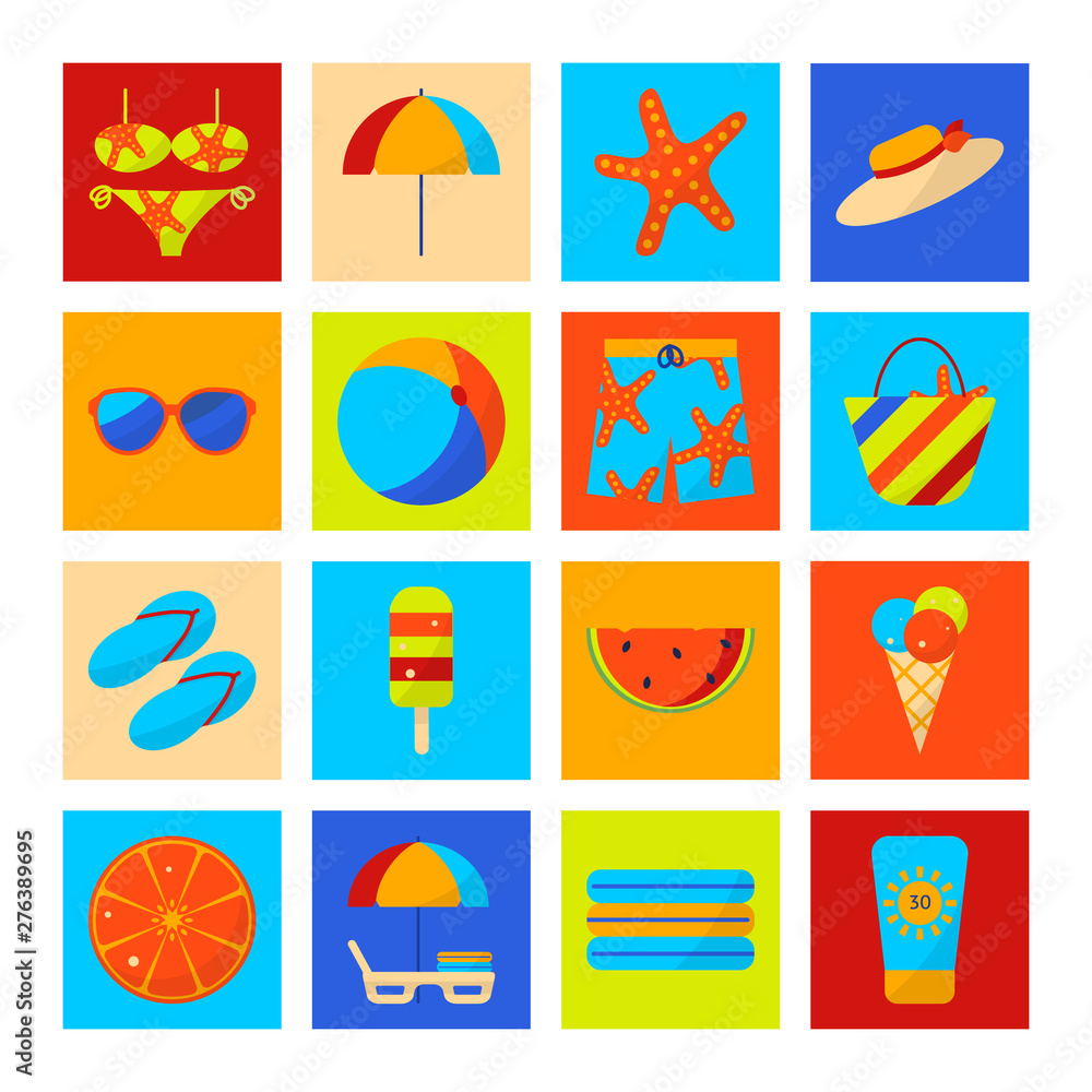 Flat color summer Holiday icon set. Sports and recreation. Beach accessories. Vector illustration.