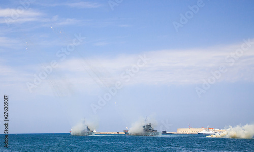 The black sea fleet of Russia parade on the Navy Day, the Navy of Russia, naval ships and submarines