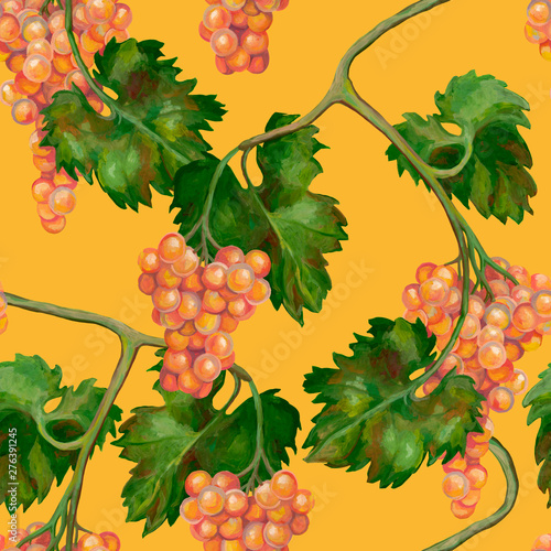 Seamless pattern. Botanical drawings with acrylic paints. Beautiful grape branches. Colorful pink grapes on a yellow background. Picturesque wallpaper. Vintage style..