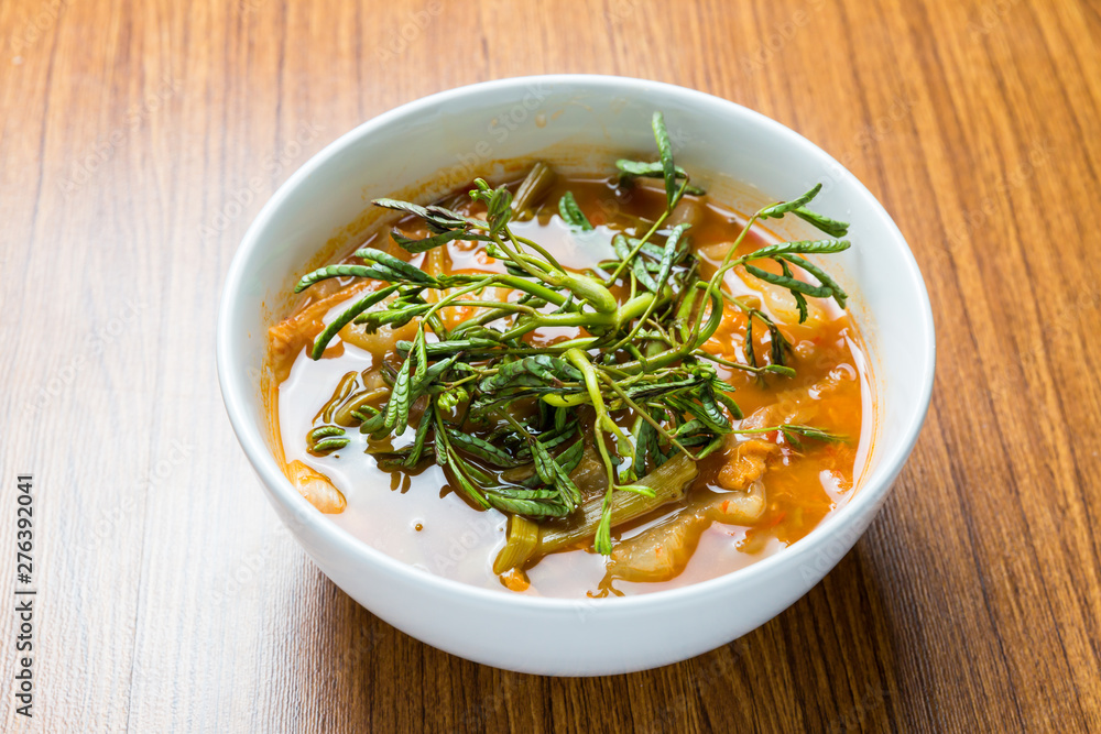 Hot and Spicy Curry of Water Mimosa with fish. sour soup made of tamarind paste. Hot and Spicy Curry of Water Mimosa with fish. sour soup made of tamarind paste.