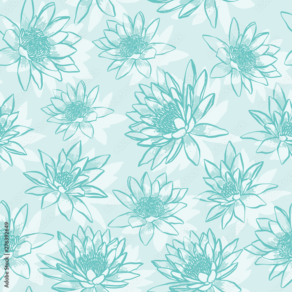 Vector aqua seamless pattern of lotus, floral sketchy hand drawn illustration of waterlily. Fresh design for fabric, wrapping paper and scrapbooking. Vector aqua seamless pattern of lotus, floral sketchy hand drawn illustration of waterlily. Fresh design for fabric, wrapping paper and scrapbooking.