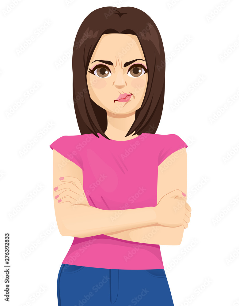 Young girl making negative facial expression frowning face upset emotion Young girl making negative facial expression frowning face upset emotion