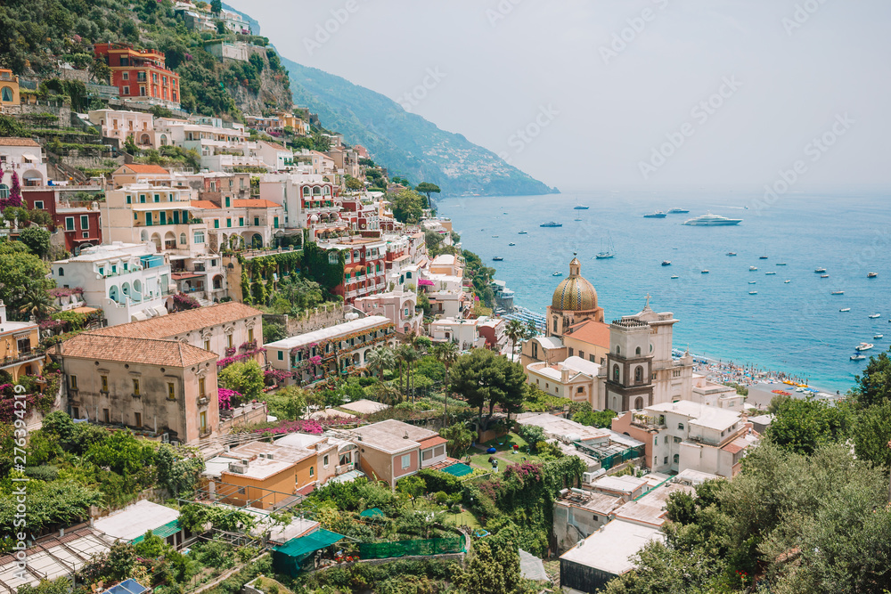 View of the town of Positano with flowers