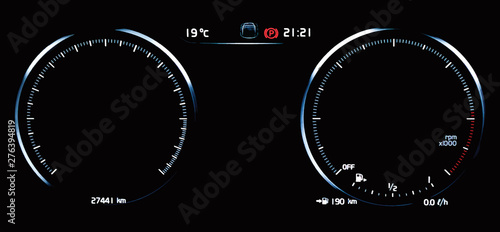 Illustration of empty car dashboard panel concept. Modern car digital LCD instrument cluster without gauge needles and digits. Two blank speedometer and tachometer circle dials.