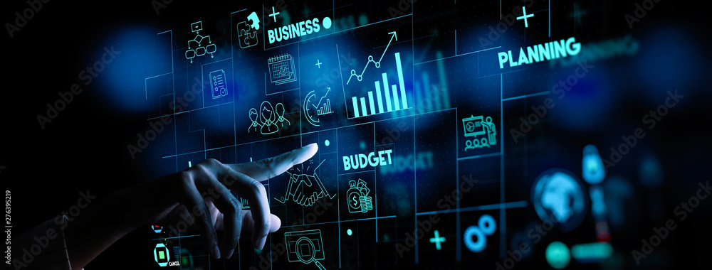Project manager hand and management skills on computer Ui with icons of planning schedule of tasks and deliverables, budget, team work strategy.