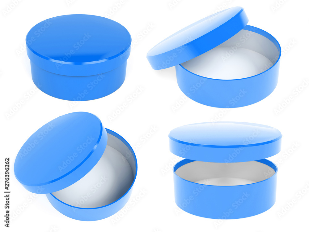 Round box. Open and closed blue carton with lid. 3d rendering illustration Round box. Open and closed blue carton with lid. 3d rendering illustration