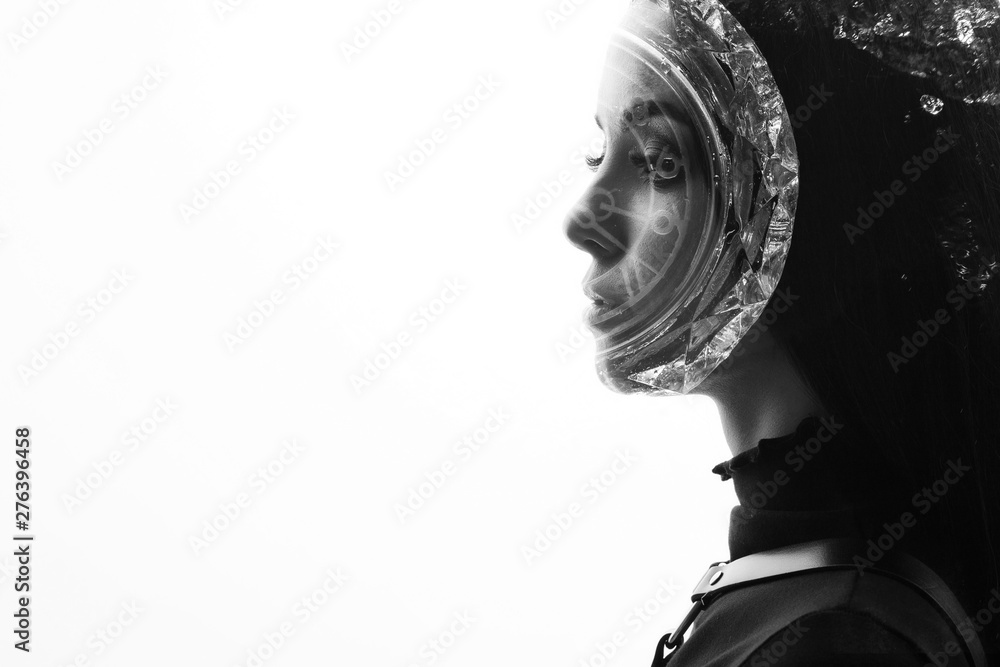 Double exposure of a female face, clock and water. Abstract black and white woman portrait. Digital art. Concept of life time. Double exposure of a female face, clock and water. Abstract black and white woman portrait. Digital art. Concept of life time.