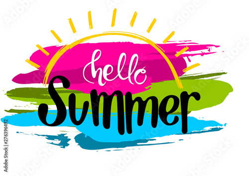 Hello Summer Inscription with a Colorful Brush Strokes - Colored Illustration Isolated on White, Vector Graphic