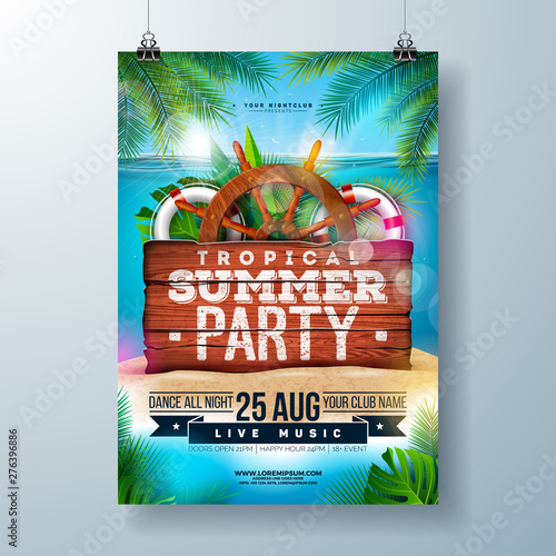 Vector Summer Beach Party Flyer Design with Tropical Palm Leaves and Shipping Elements on Ocean Landscape Background. Summer Holiday Illustration with Vintage Wood Board, Lifebelt, Steering and Anchor